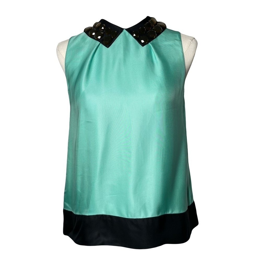Kate Spade New York Sleeveless Embellished Collar Top Size 2 Aqua Black Trim